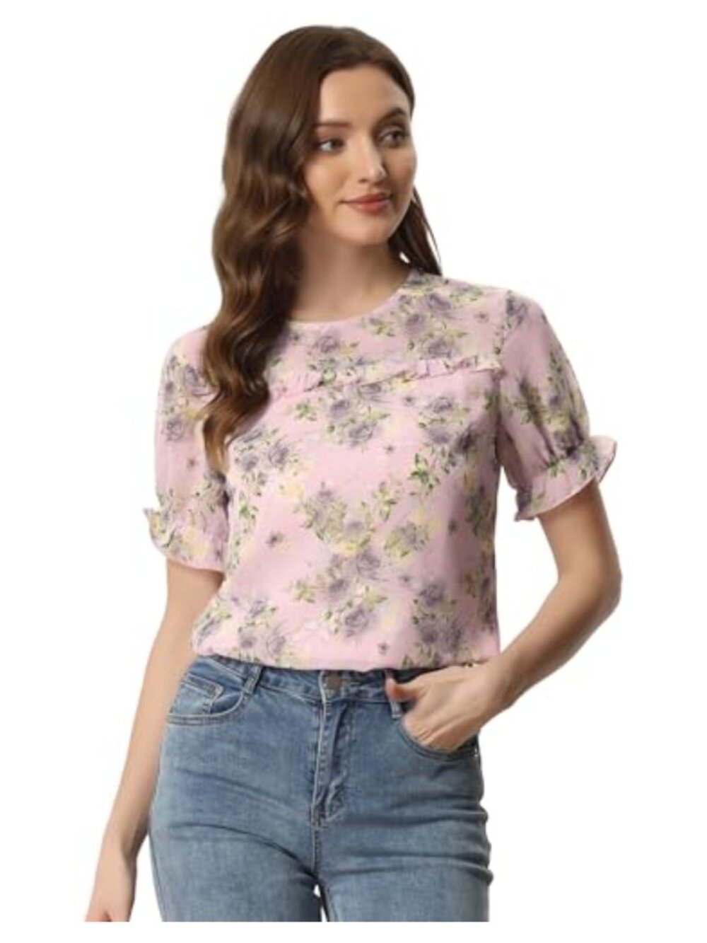 Womens Chiffon Floral Blouse Short Sleeve Ruffled Trim Casual Top
